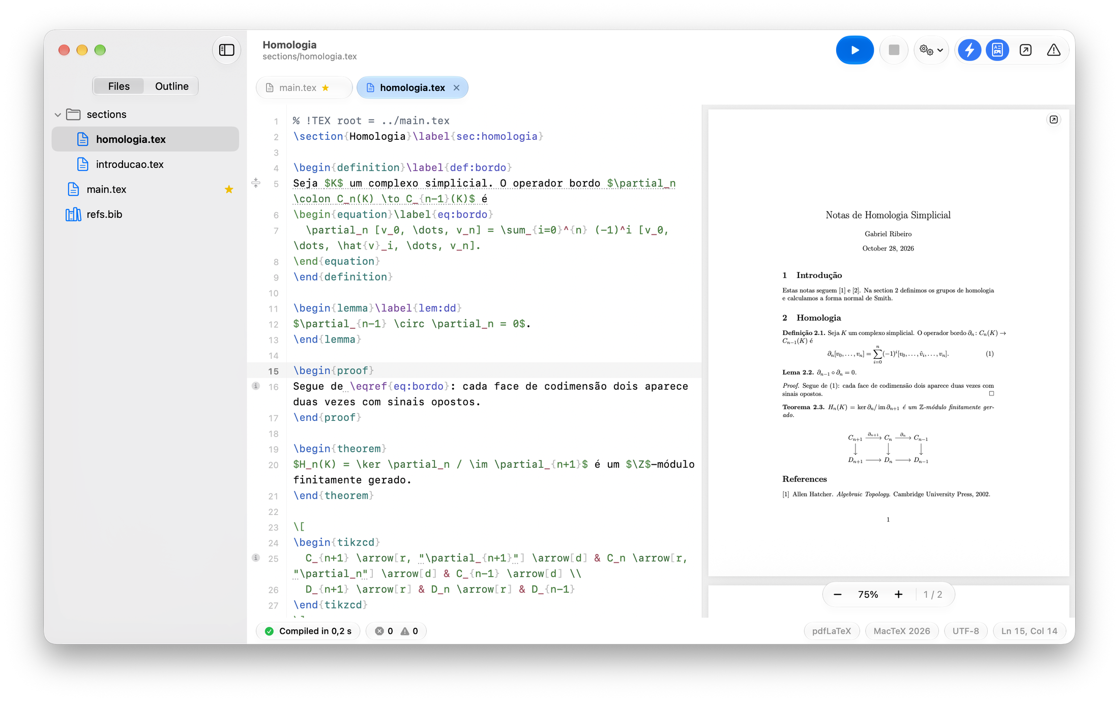 The GabeTeX project window: the file sidebar on the left, the LaTeX editor in the middle and the live PDF preview on the right.
