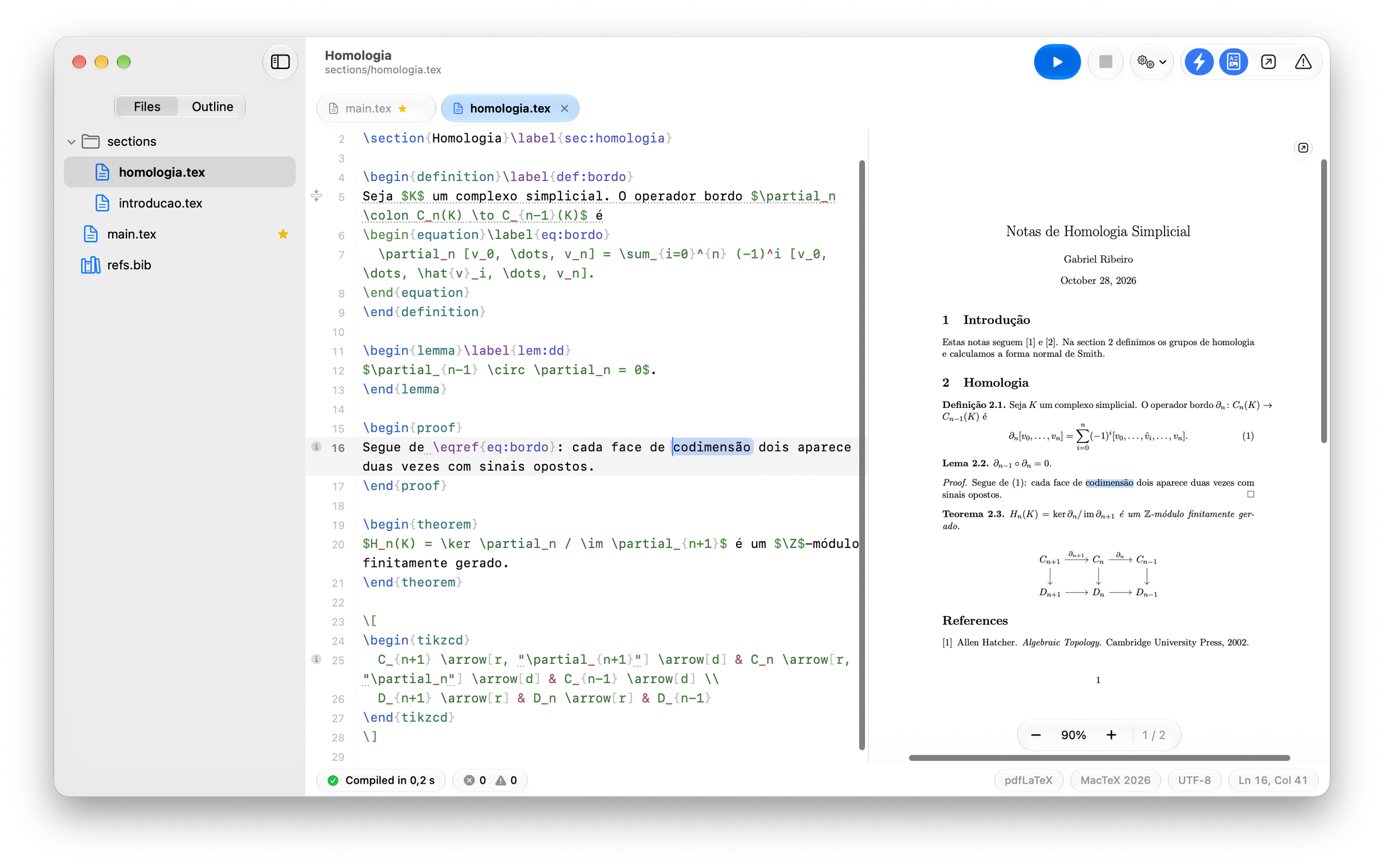 GabeTeX jumping from a word in the PDF to the same word in the LaTeX source, which is briefly highlighted.