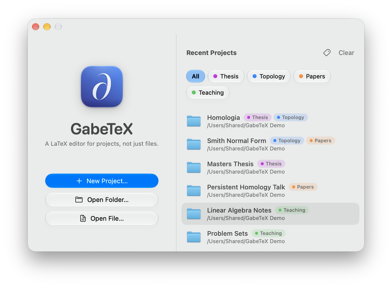 The GabeTeX Welcome window listing recent projects with color labels and filter chips.